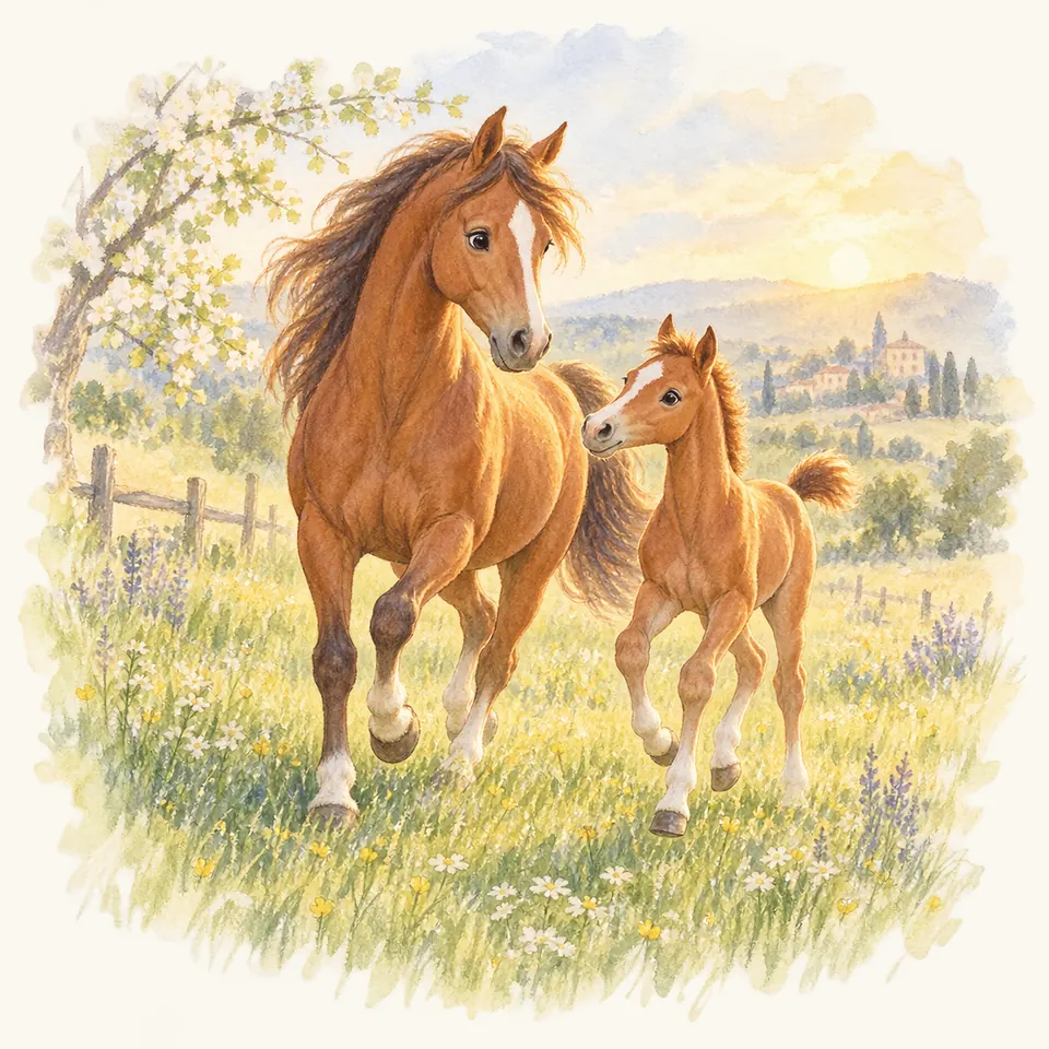 Un cheval alezan et un poulain alezan courent côte à côte dans un pré fleuri bordé d’une clôture en bois