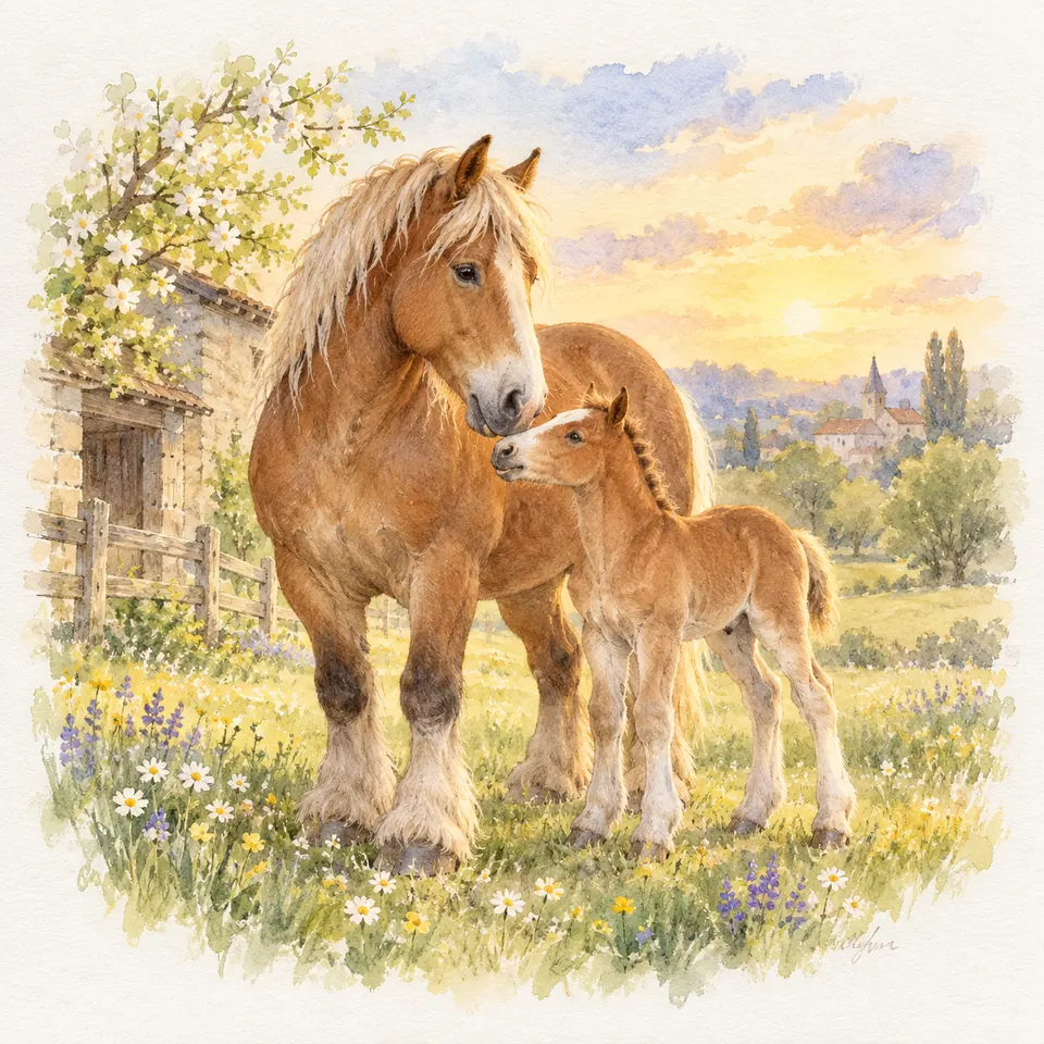 Un cheval de trait alezan aux crins clairs se tient près d’un poulain dans un pré fleuri, devant une écurie