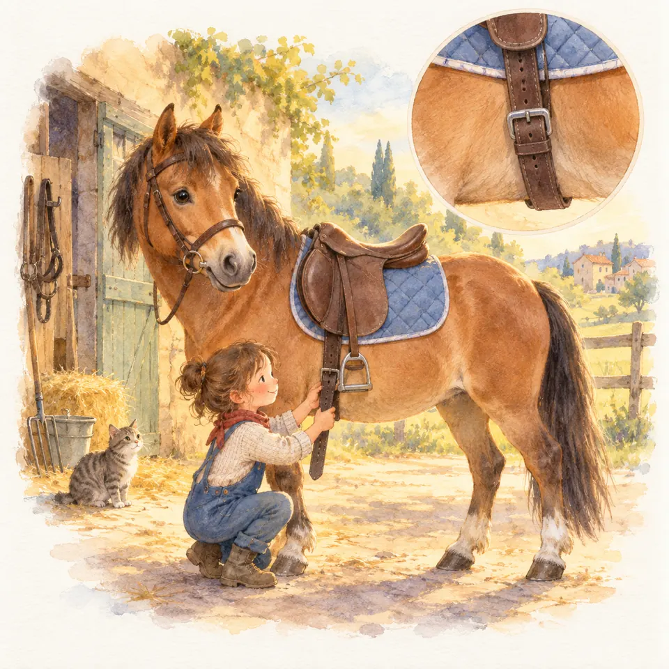 Une enfant accroupie ajuste un sanglon sous la selle d’un poney bai, dans la cour d’une écurie