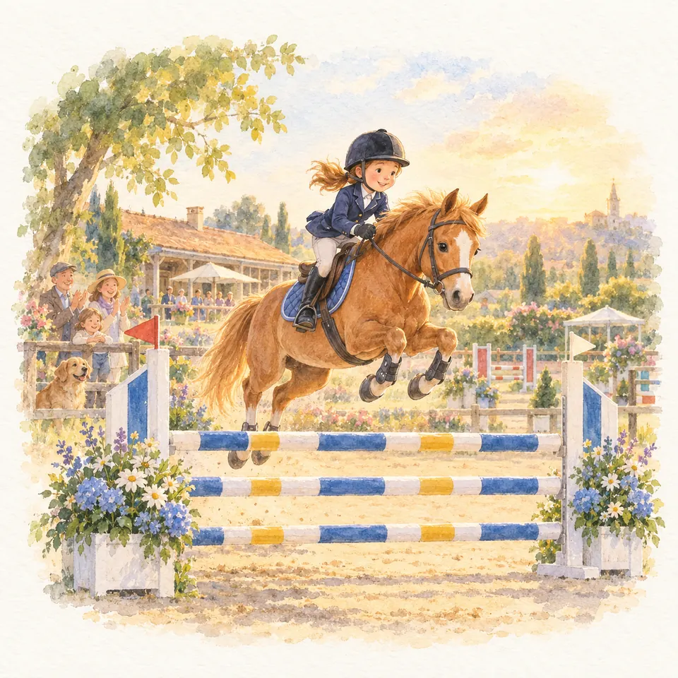 Une jeune cavalière casquée et son poney alezan franchissent un obstacle aux barres bleues, blanches et jaunes