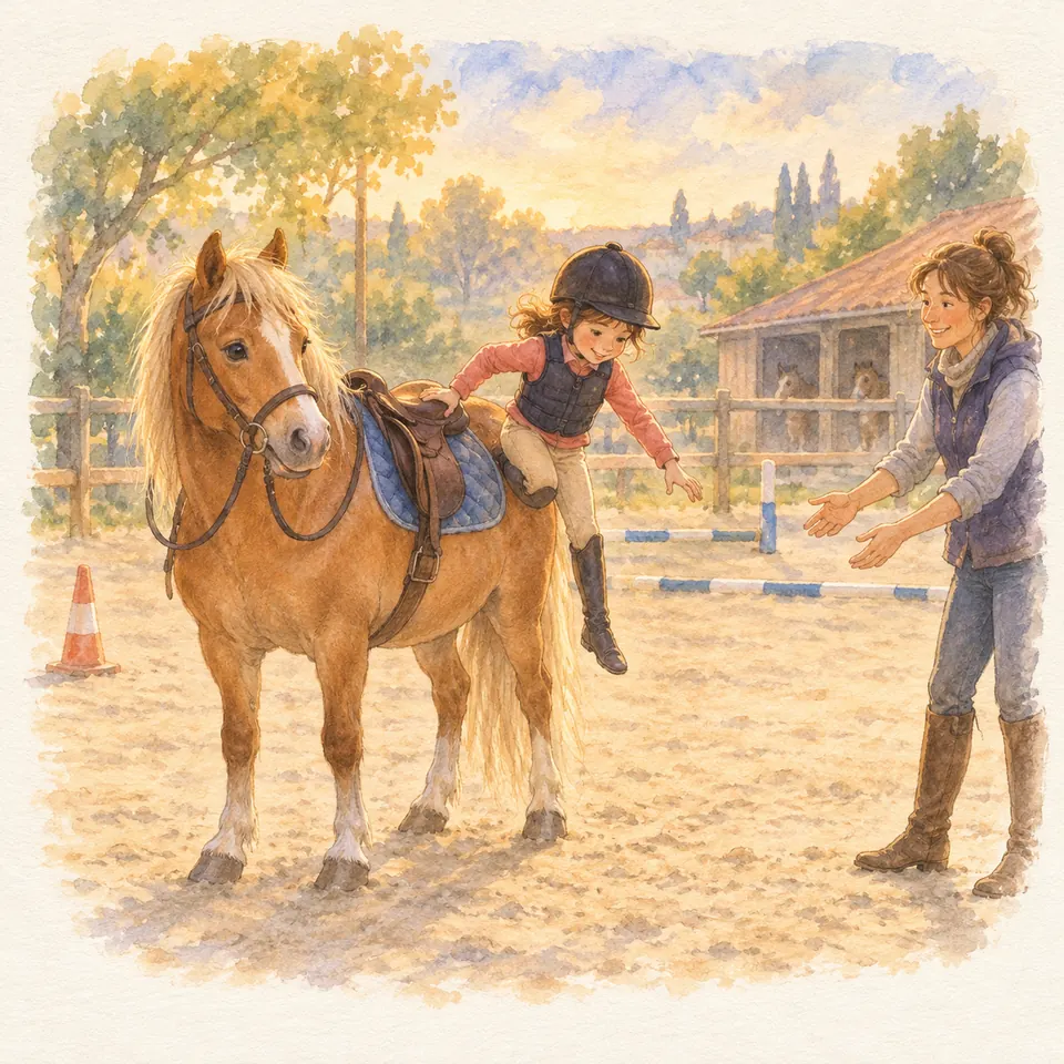Une enfant casquée descend d’un poney alezan dans une carrière, près d’une monitrice qui lui tend les bras
