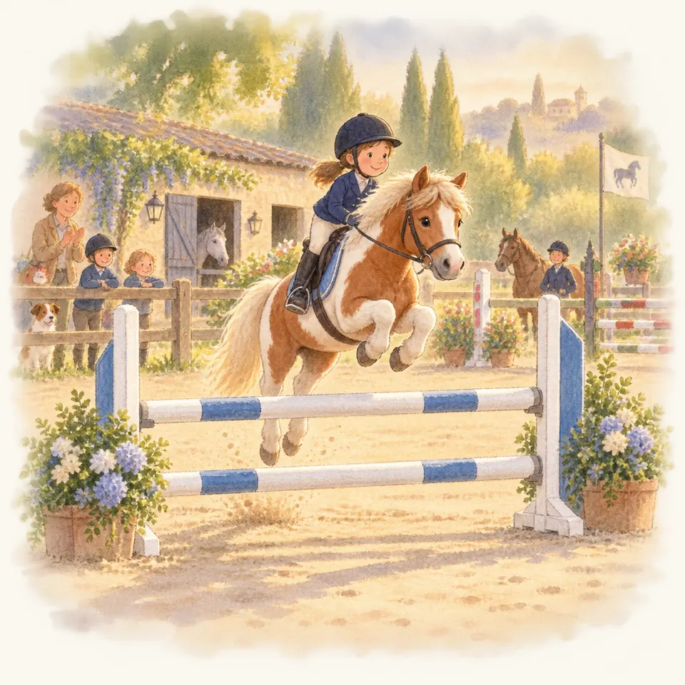 Un enfant casqué monte un poney pie alezan qui saute un obstacle bleu et blanc dans une carrière