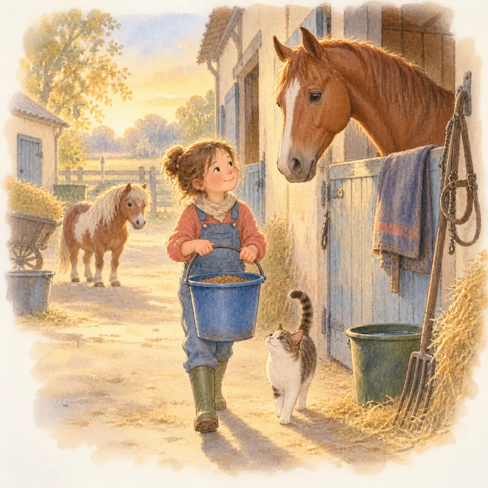 Une enfant porte un seau bleu rempli de granulés vers un cheval alezan qui passe la tête au-dessus de sa porte de box
