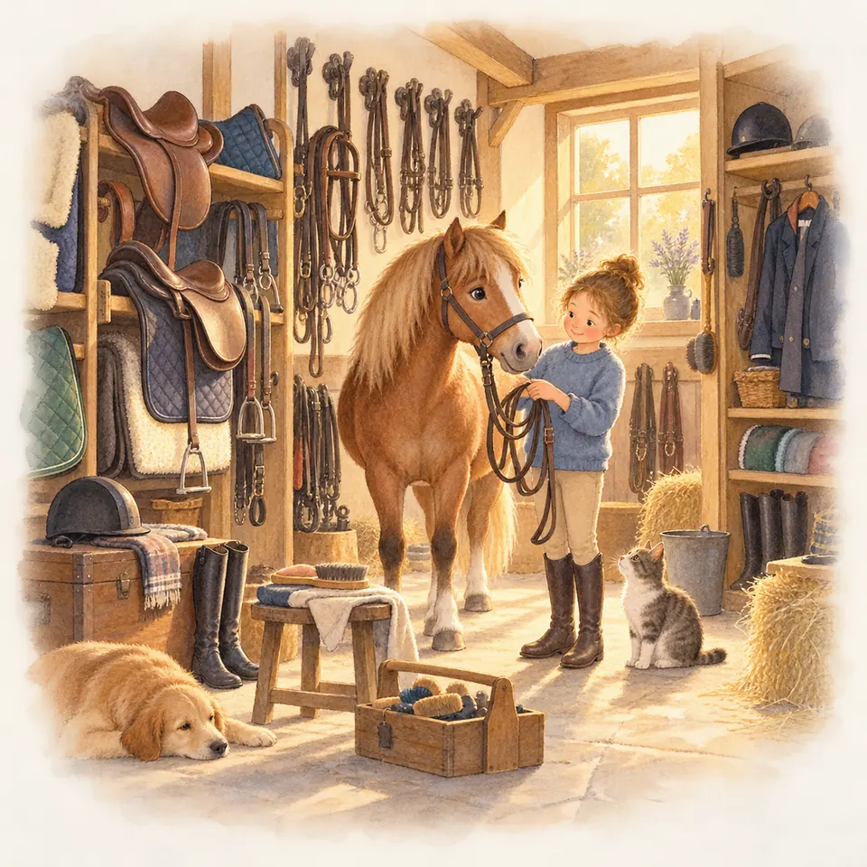 Un enfant tient un poney alezan dans une sellerie où sont rangés selles, bridons, tapis, bombes et bottes