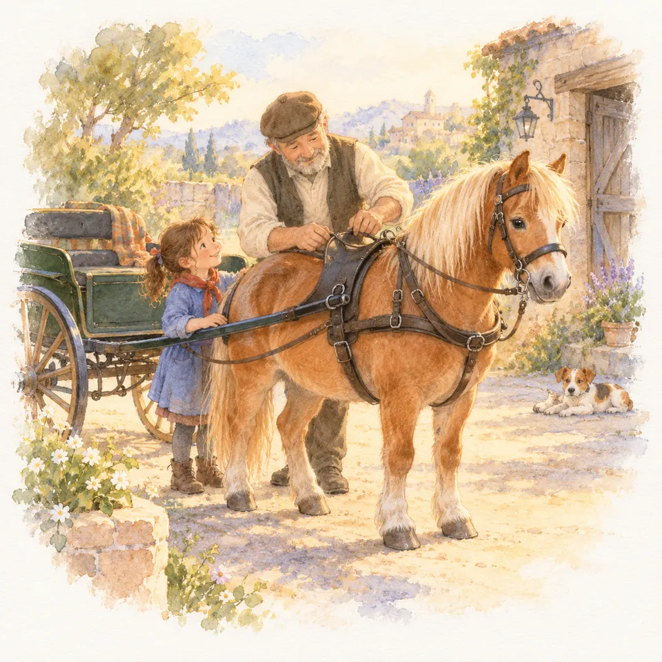 Un homme ajuste la sellette d’un poney alezan attelé à une voiture, avec une enfant à ses côtés dans la cour