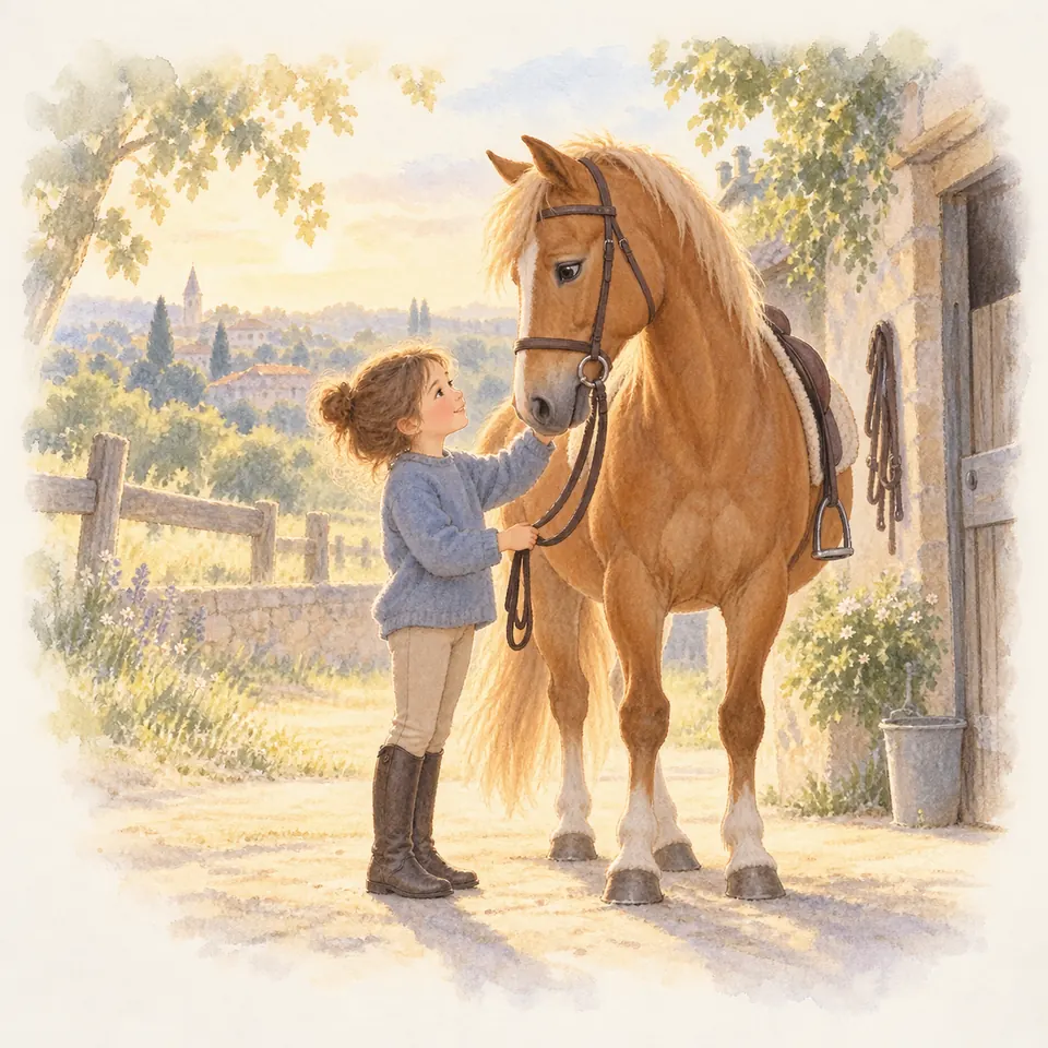 Une enfant caresse la joue d’un cheval alezan sellé et bridé en tenant ses rênes devant une écurie