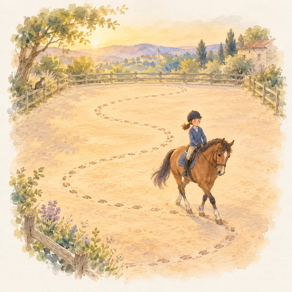 Une cavalière monte un cheval bai dans une carrière où des traces de sabots dessinent une serpentine