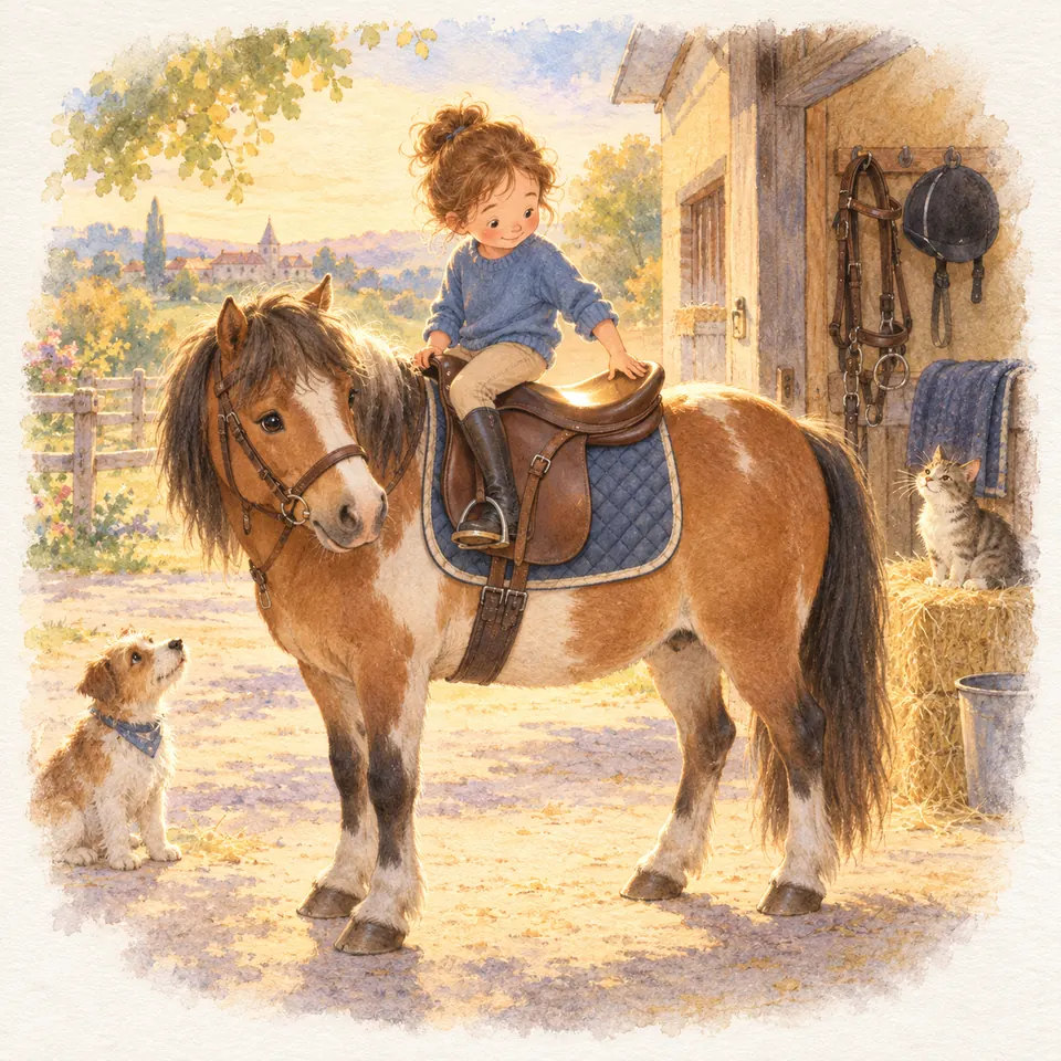 Une enfant assise sur le siège d’une selle pose une main sur le troussequin, à dos de poney bai devant une écurie