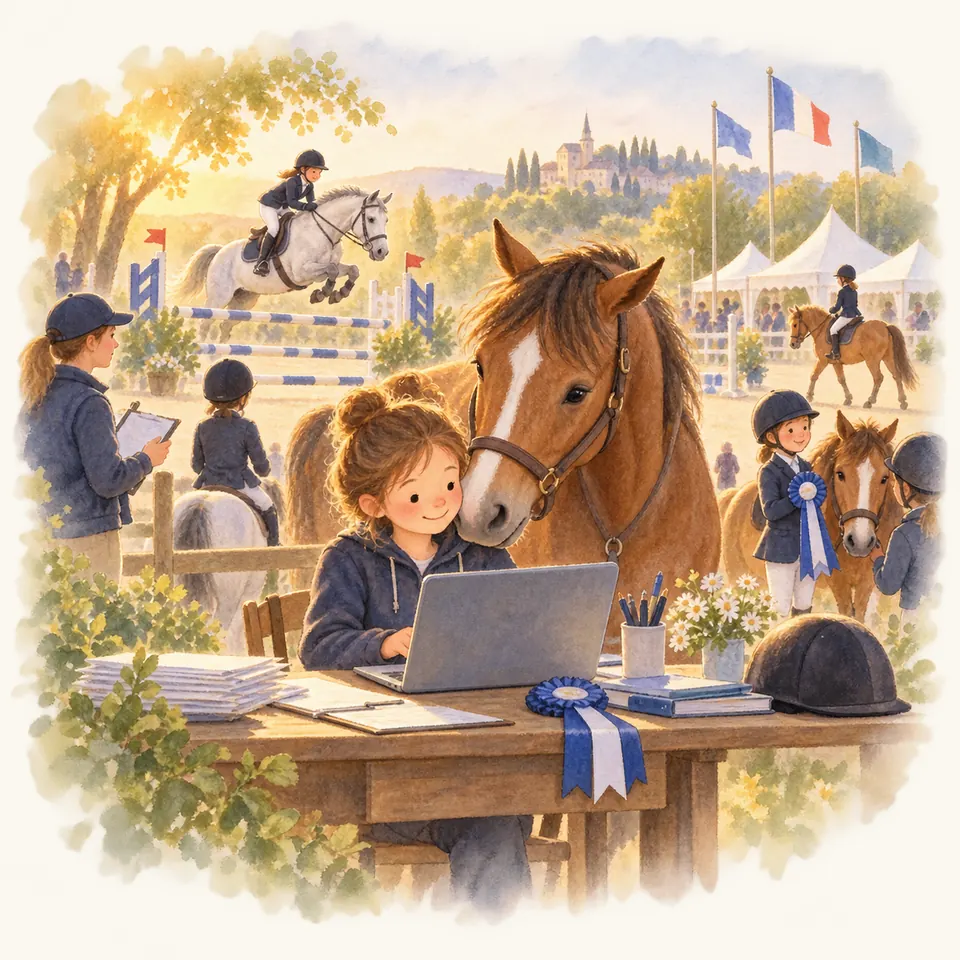 Une jeune fille utilise un ordinateur près d’un cheval bai, tandis que des cavaliers sautent des obstacles en concours