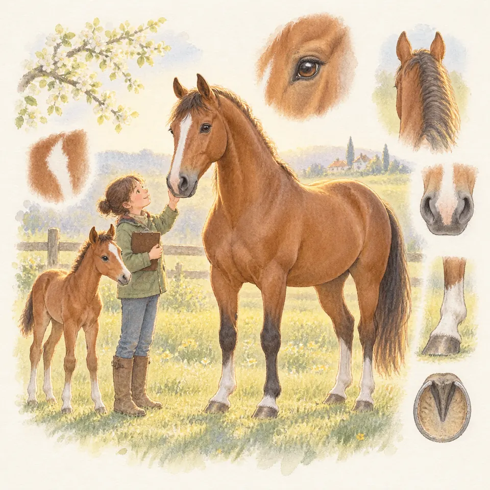 Une femme tient un carnet près d’un cheval bai et d’un poulain, entourés de détails des yeux, des épis et des marques blanches