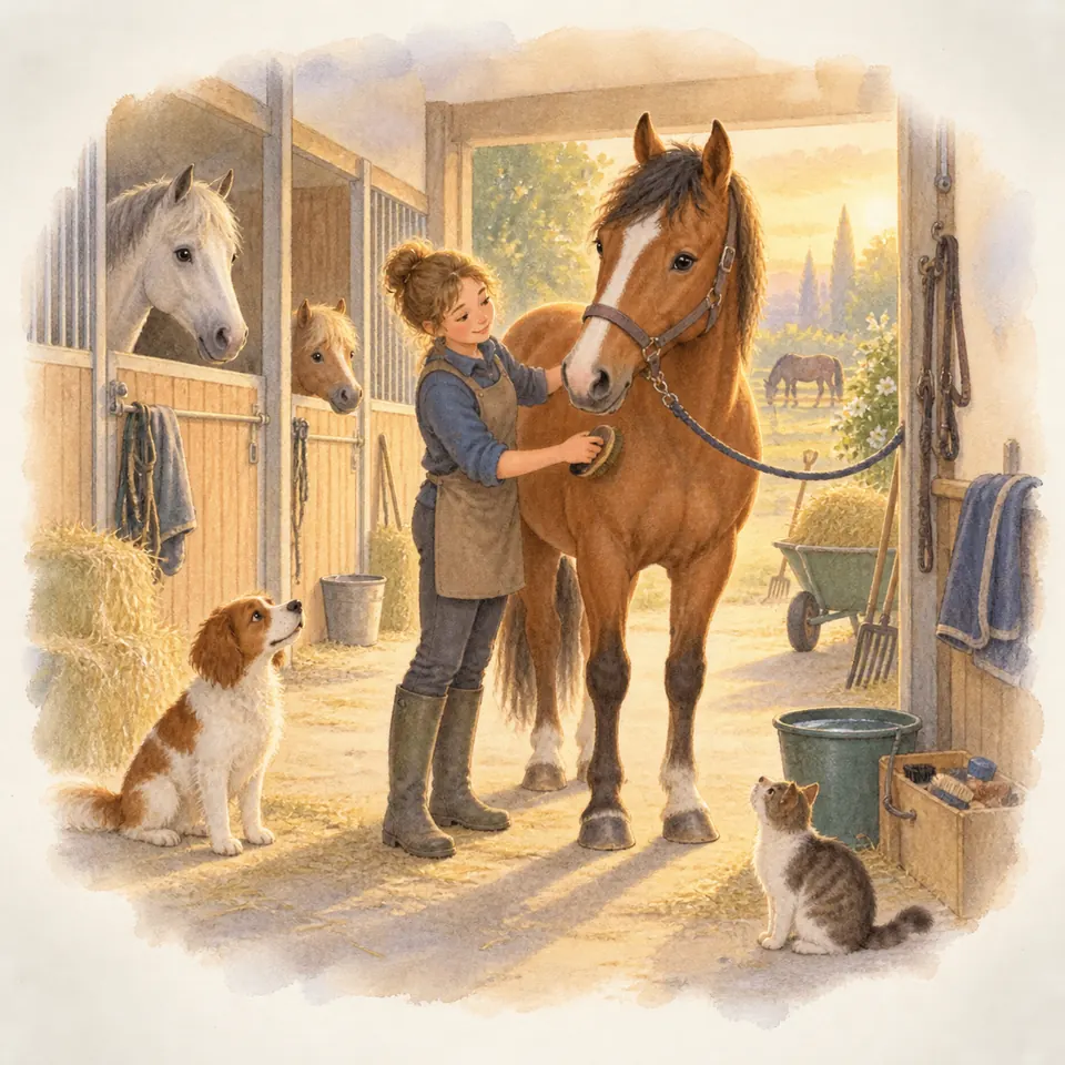 Une soigneuse brosse un cheval bai attaché dans l’allée d’une écurie, près d’un chien, d’un chat et du matériel de pansage