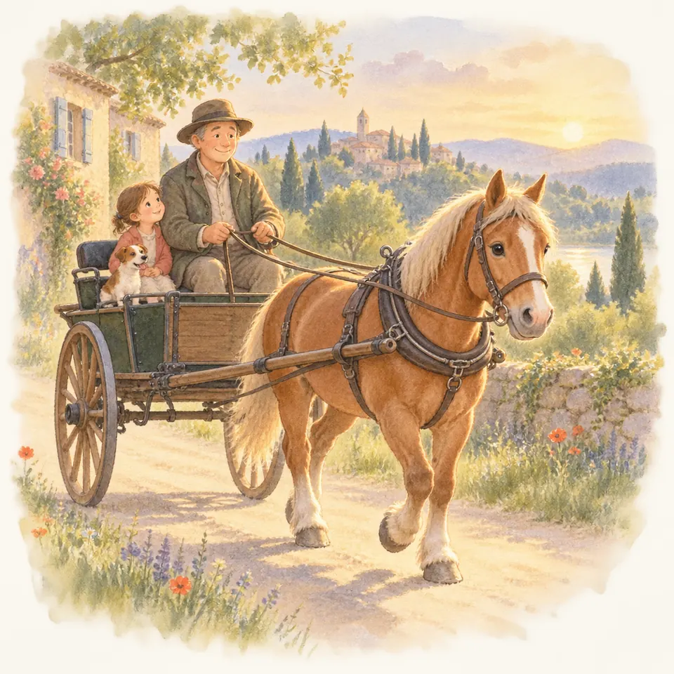 Un poney palomino attelé seul tire une voiture à deux roues sur un chemin, avec un meneur, une enfant et un chien
