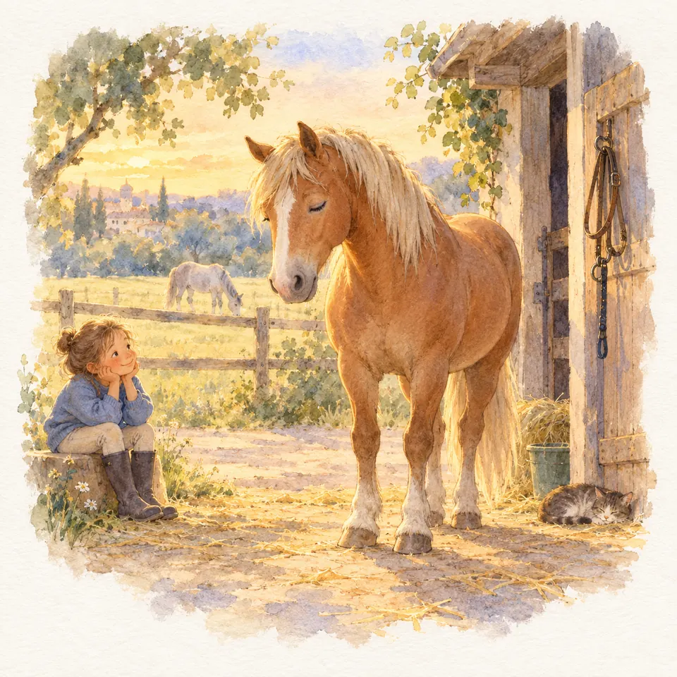 Un poney palomino somnole debout, les yeux fermés, devant l’écurie, près d’une enfant assise et d’un chat couché
