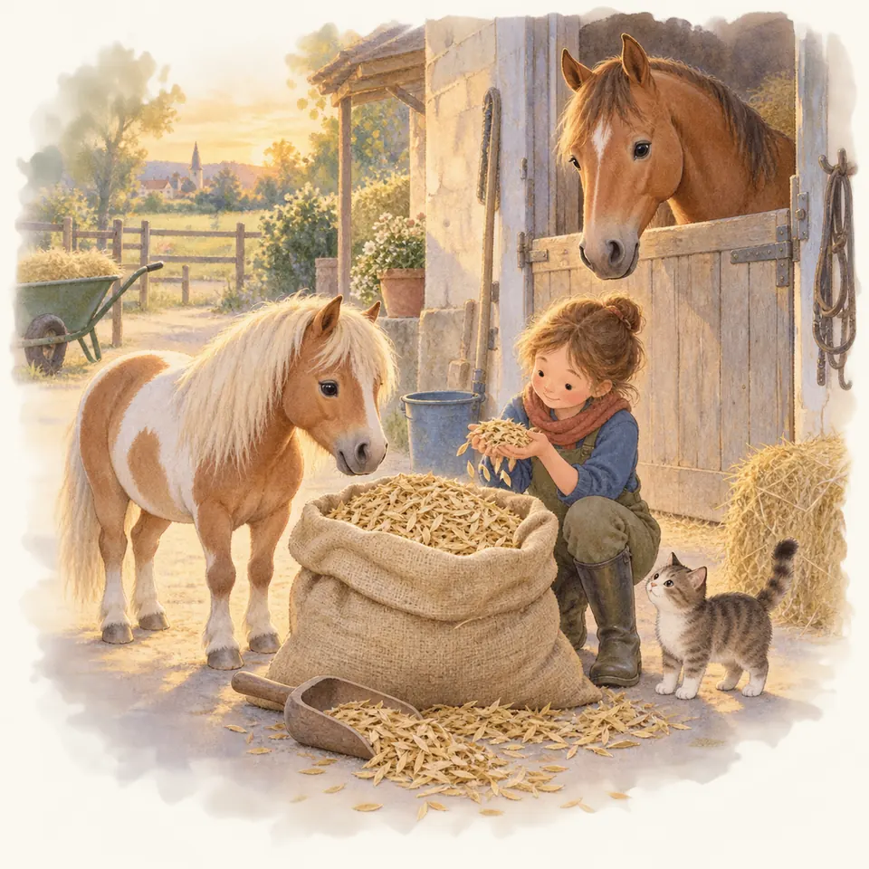 Une enfant tient une poignée de flocons au-dessus d’un sac ouvert, près d’un poney pie alezan et d’un cheval au box