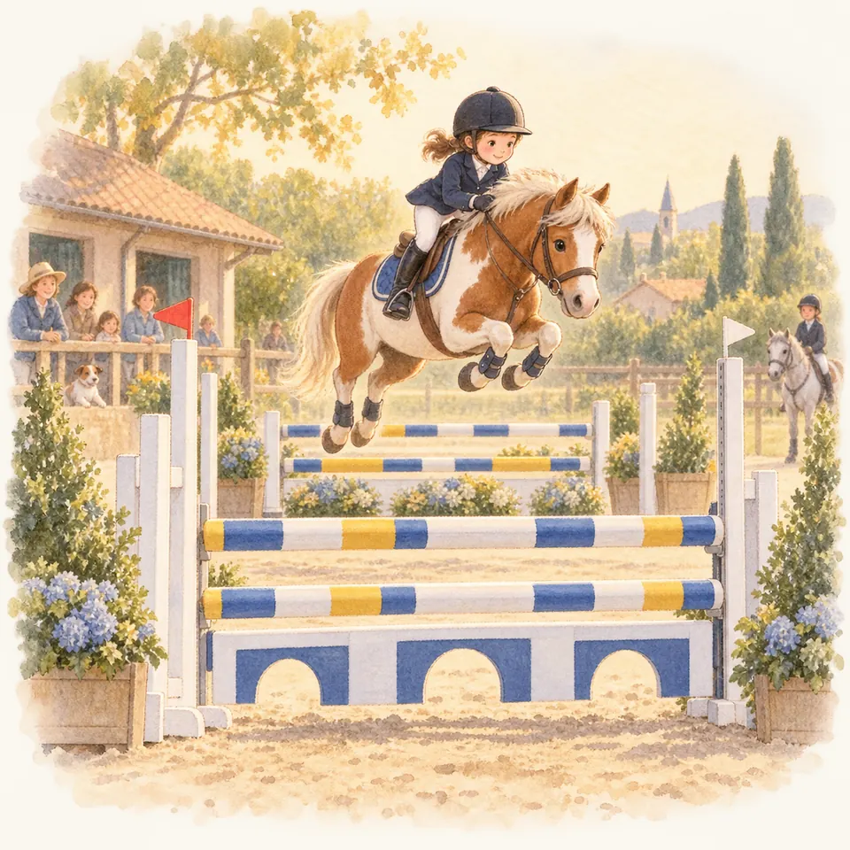 Une jeune cavalière en suspension accompagne un poney pie alezan au-dessus d’un obstacle large à barres bleues et jaunes
