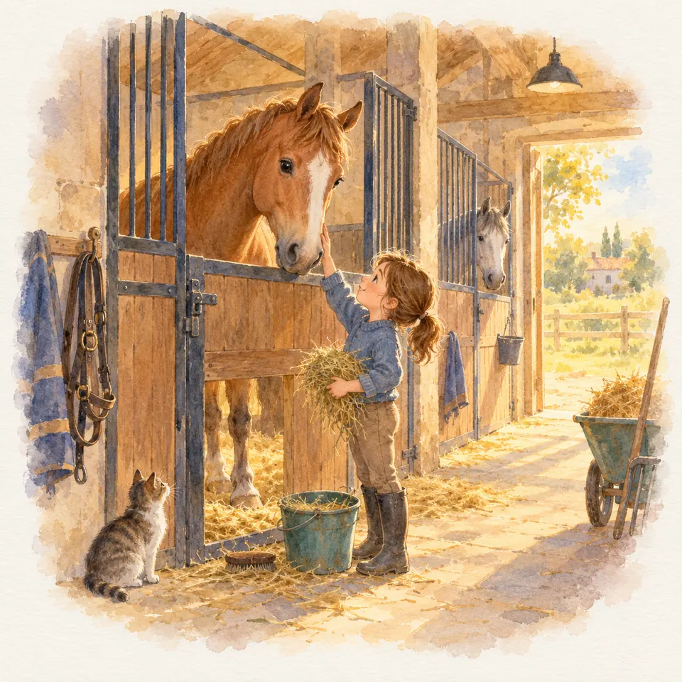 Une enfant caresse un cheval alezan dans sa stalle en tenant du foin, près d’un seau et d’un chat dans l’écurie