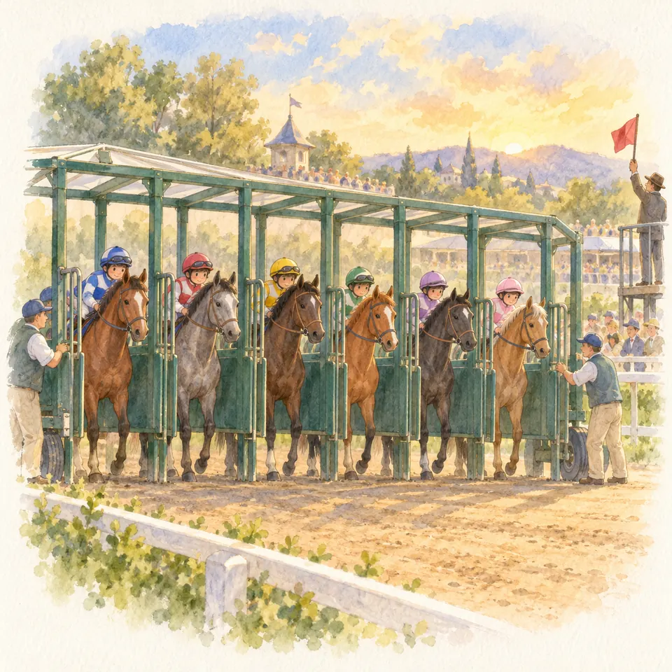 Six chevaux montés par des jockeys attendent dans les compartiments du starting-gate, entourés de personnel sur l’hippodrome