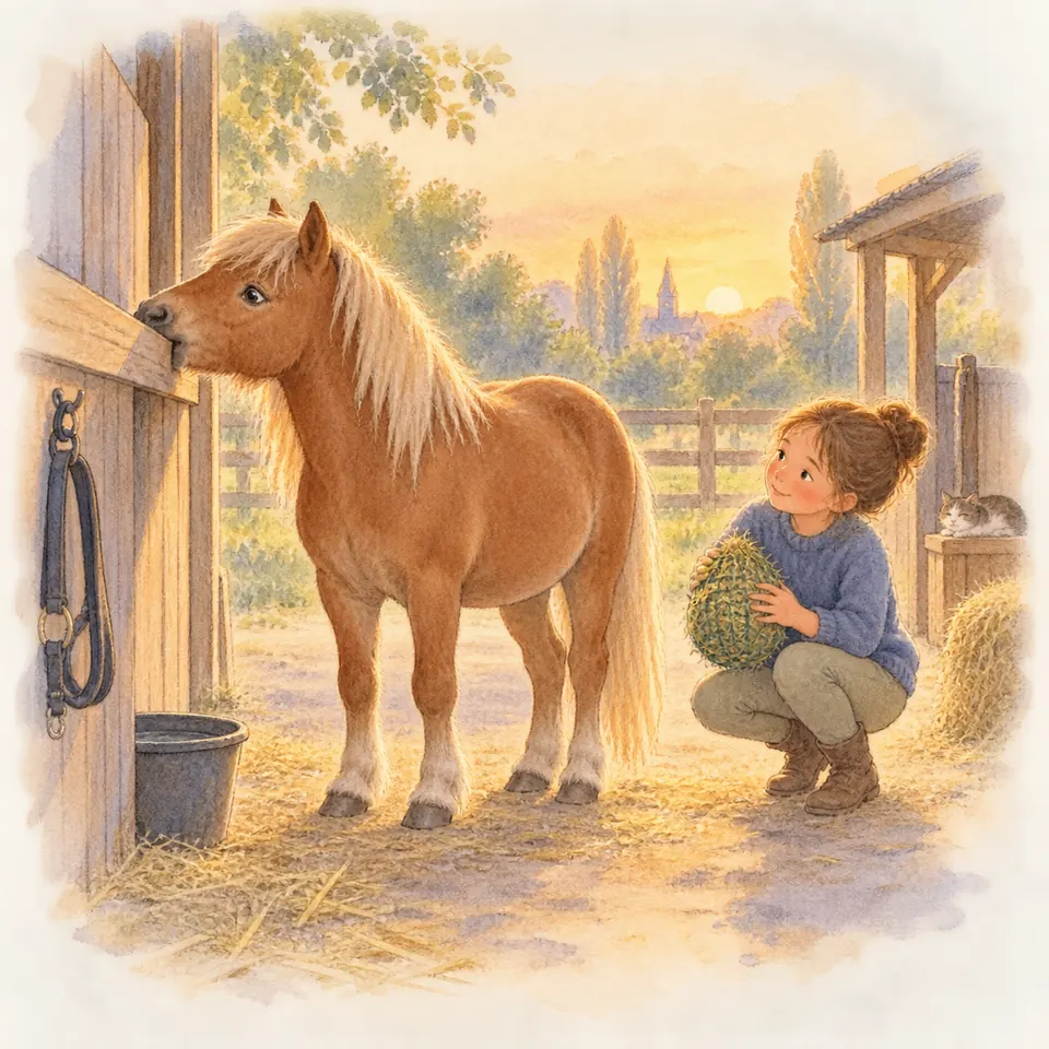Un poney alezan aux crins clairs appuie ses dents sur une porte en bois, près d’une enfant accroupie tenant un filet à foin
