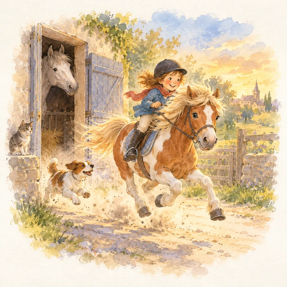 Une enfant casquée galope sur un poney pie alezan devant l’écurie, suivie par un chien, tandis qu’un cheval gris regarde
