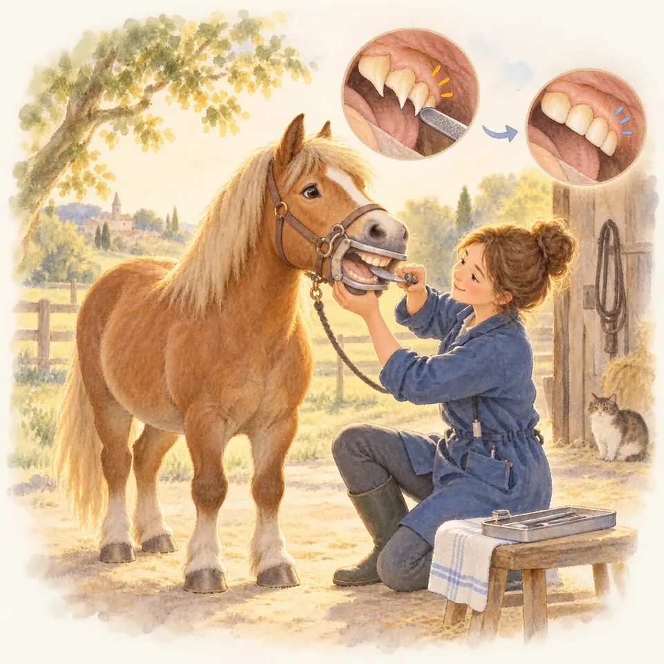 Une femme lime les dents d’un poney alezan à la bouche maintenue ouverte, devant l’écurie