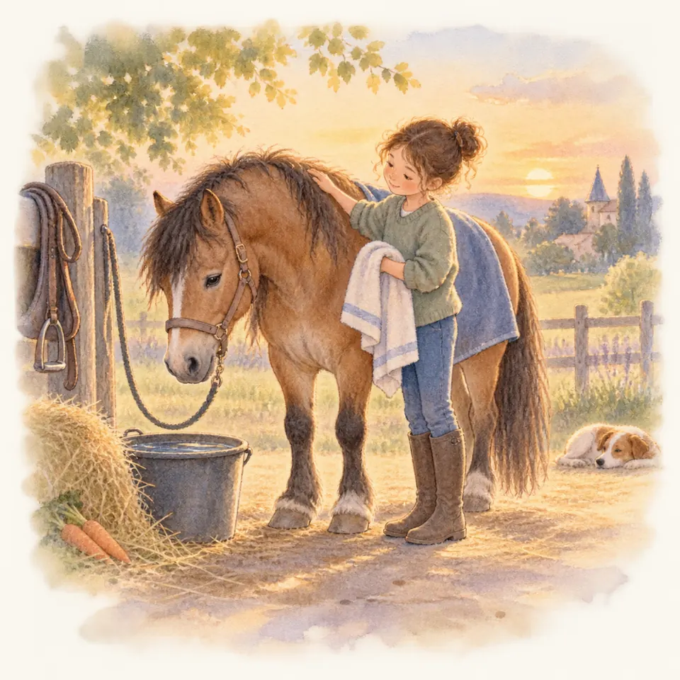 Une jeune femme caresse un poney bai couvert d’une couverture bleue, près d’un seau et de foin dans la cour