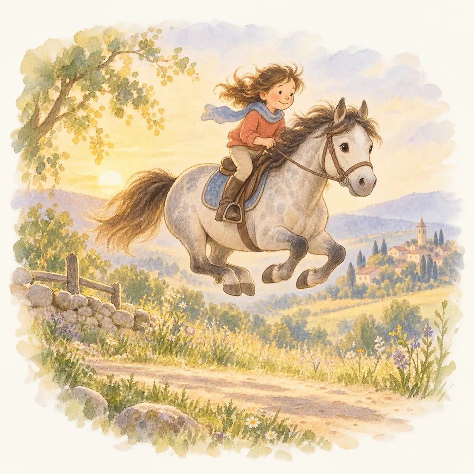 Une enfant monte un poney gris dont les quatre sabots sont en l’air au-dessus d’un chemin bordé de pierres