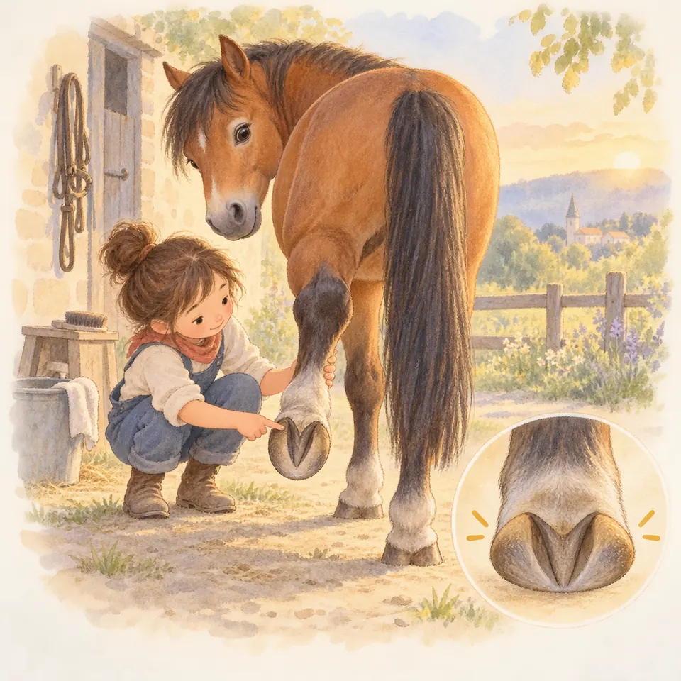 Une jeune femme cure le sabot postérieur levé d’un cheval bai devant l’écurie, avec un détail des talons du sabot
