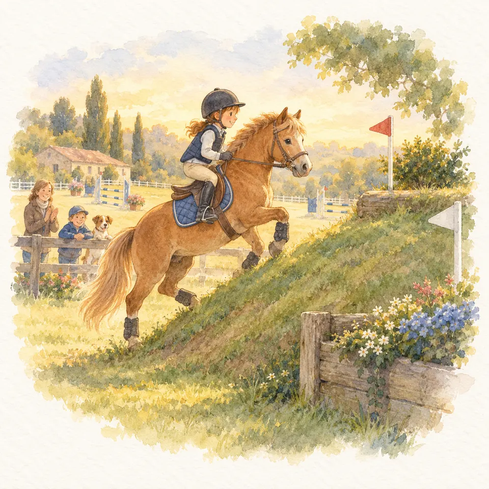 Un enfant casqué monte un poney alezan qui gravit un talus herbeux balisé de fanions rouges et blancs