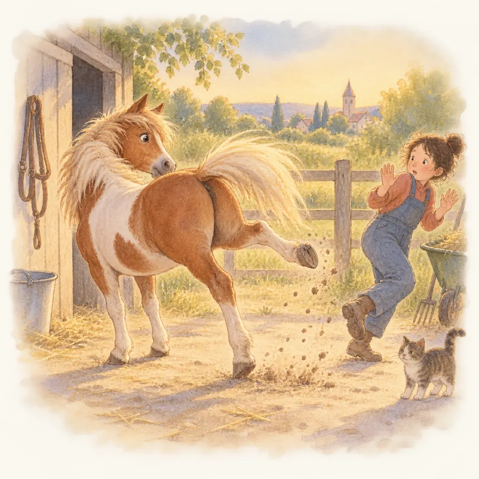 Un poney pie alezan lance un postérieur vers une jeune femme qui recule, les mains levées, dans la cour de l’écurie