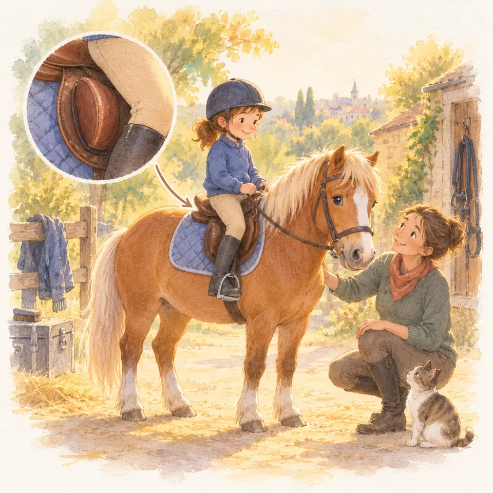 Une enfant monte un poney palomino près d’une monitrice, avec un détail du taquet de la selle contre sa jambe