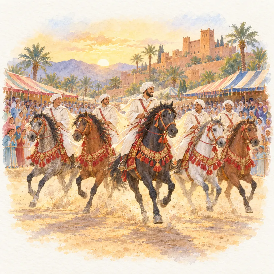 Des cavaliers en tenues blanches montent des chevaux aux harnachements rouges et dorés devant une foule et des remparts