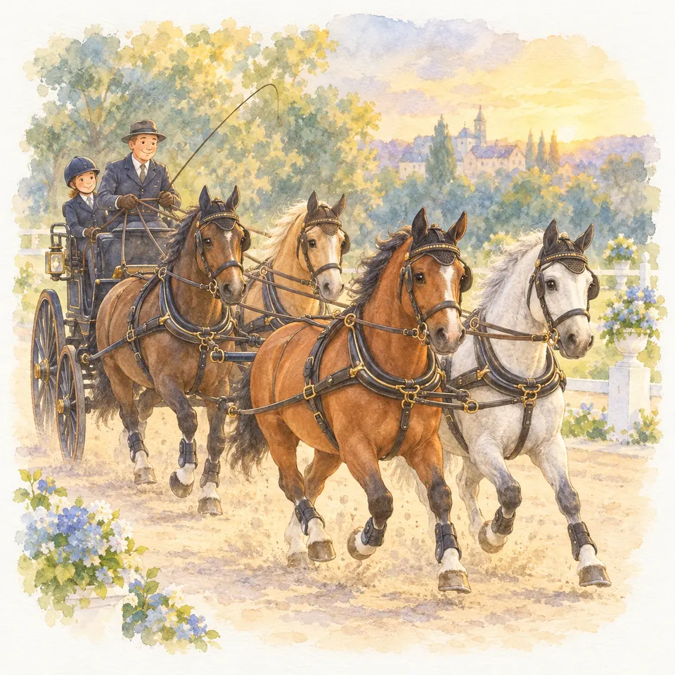 Quatre chevaux, trois bais et un gris, tirent une voiture d’attelage conduite par un meneur accompagné d’un enfant