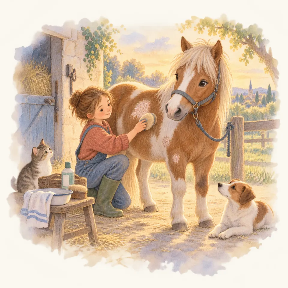 Une jeune fille brosse le flanc d’un poney palomino marqué de plaques claires, près d’un chat et d’un chien à l’écurie
