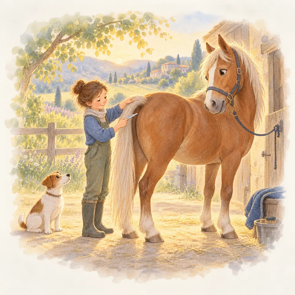Une jeune fille soulève la queue d’un poney palomino et place un thermomètre dessous devant l’écurie