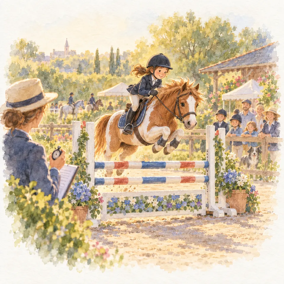 Une cavalière sur un poney alezan franchit un obstacle tandis qu’une femme tient un chronomètre au bord de la carrière