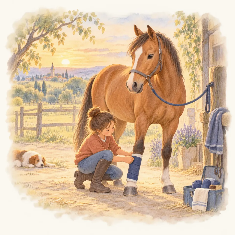 Une jeune fille pose une bande bleue sur l’antérieur d’un cheval bai attaché devant l’écurie, près d’un chien couché