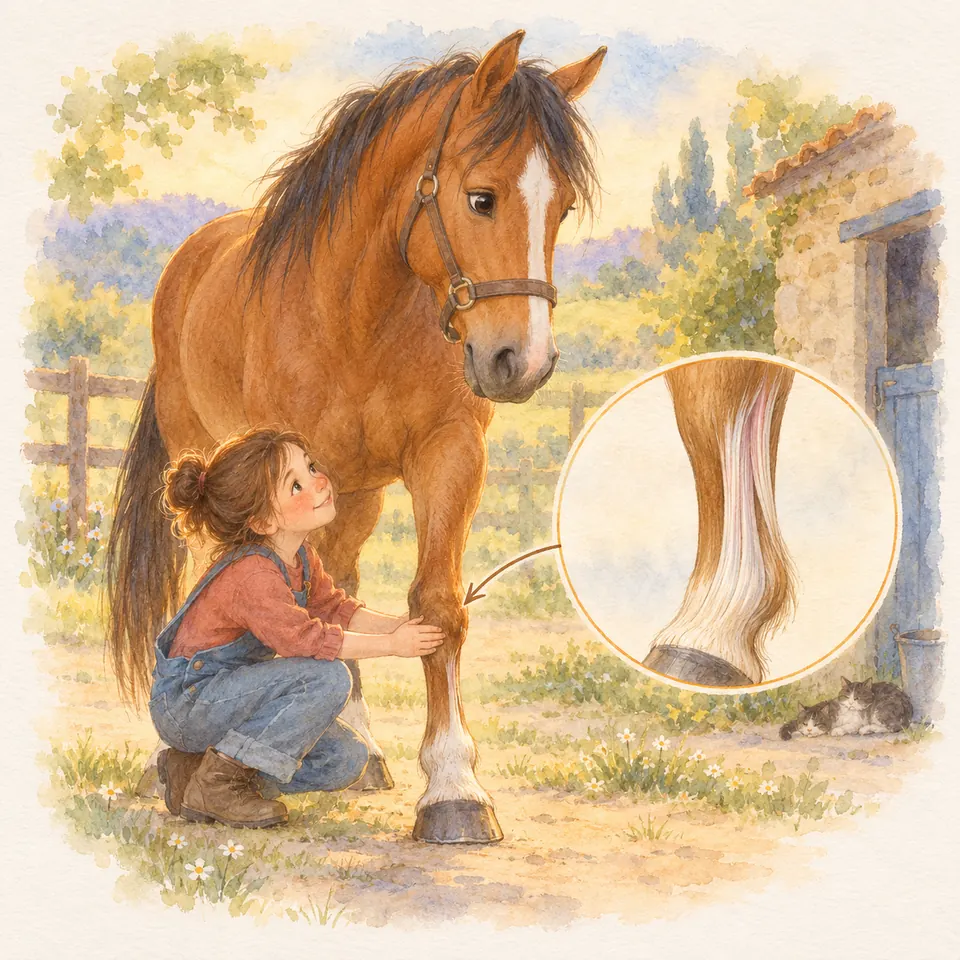 Une enfant accroupie touche l’antérieur d’un cheval bai devant l’écurie, avec un schéma des tendons à côté