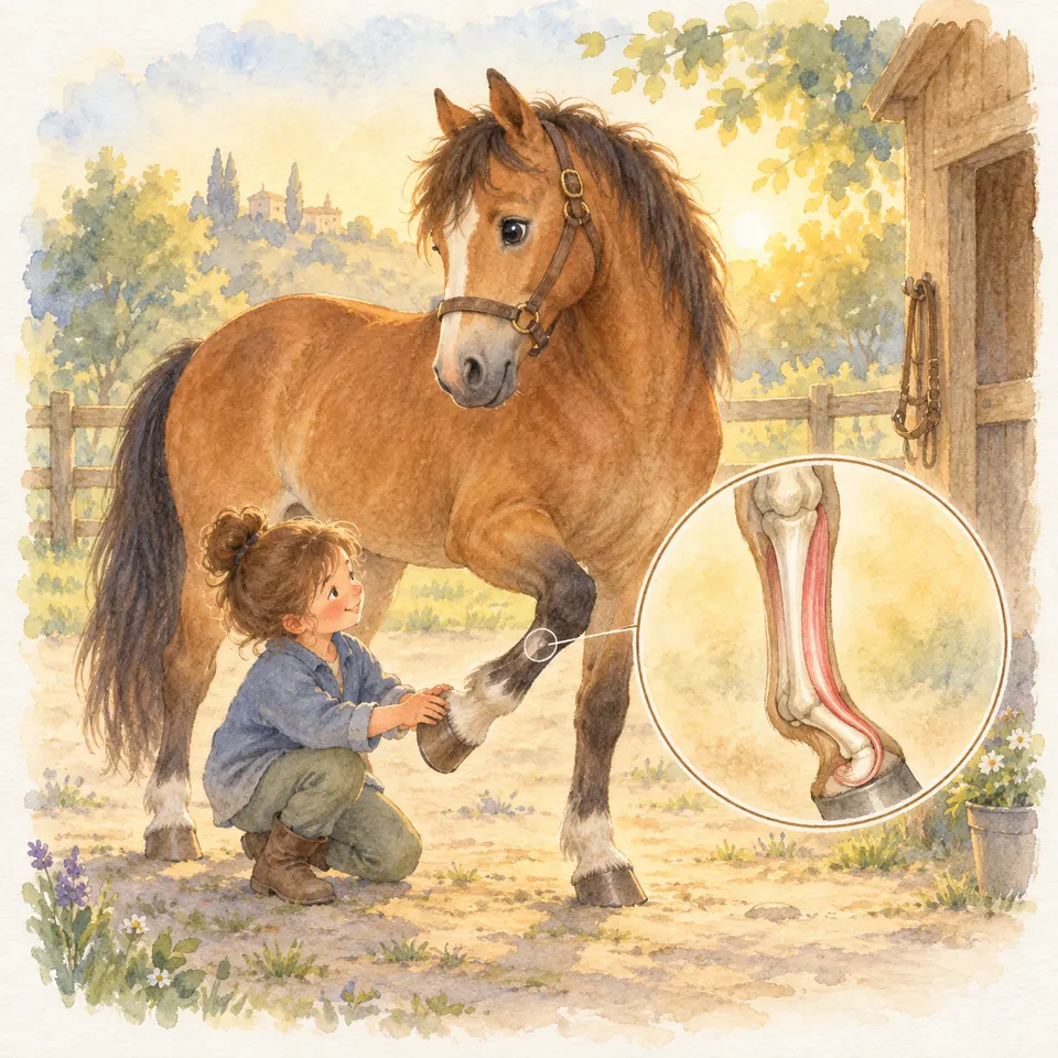 Une enfant tient l’antérieur fléchi d’un cheval bai près de l’écurie, à côté d’un schéma du tendon fléchisseur