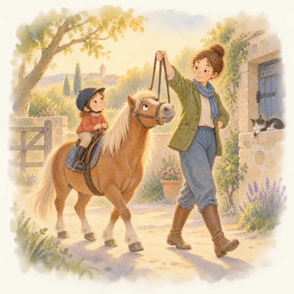 Une femme marche en tenant les rênes haut au-dessus d’un poney palomino monté par un enfant casqué près de l’écurie