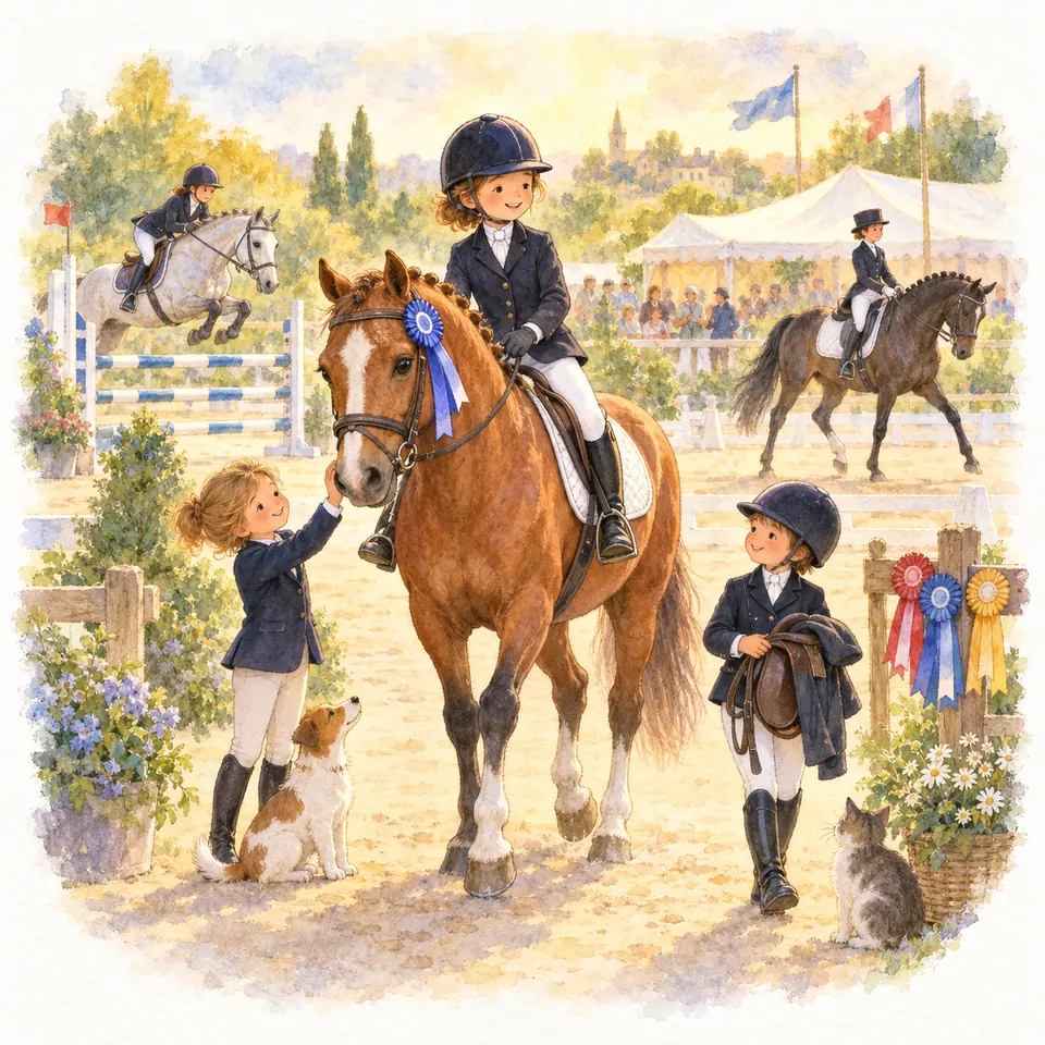 Une cavalière en veste noire, culotte blanche et casque monte un cheval bai portant un flot bleu sur un terrain de concours