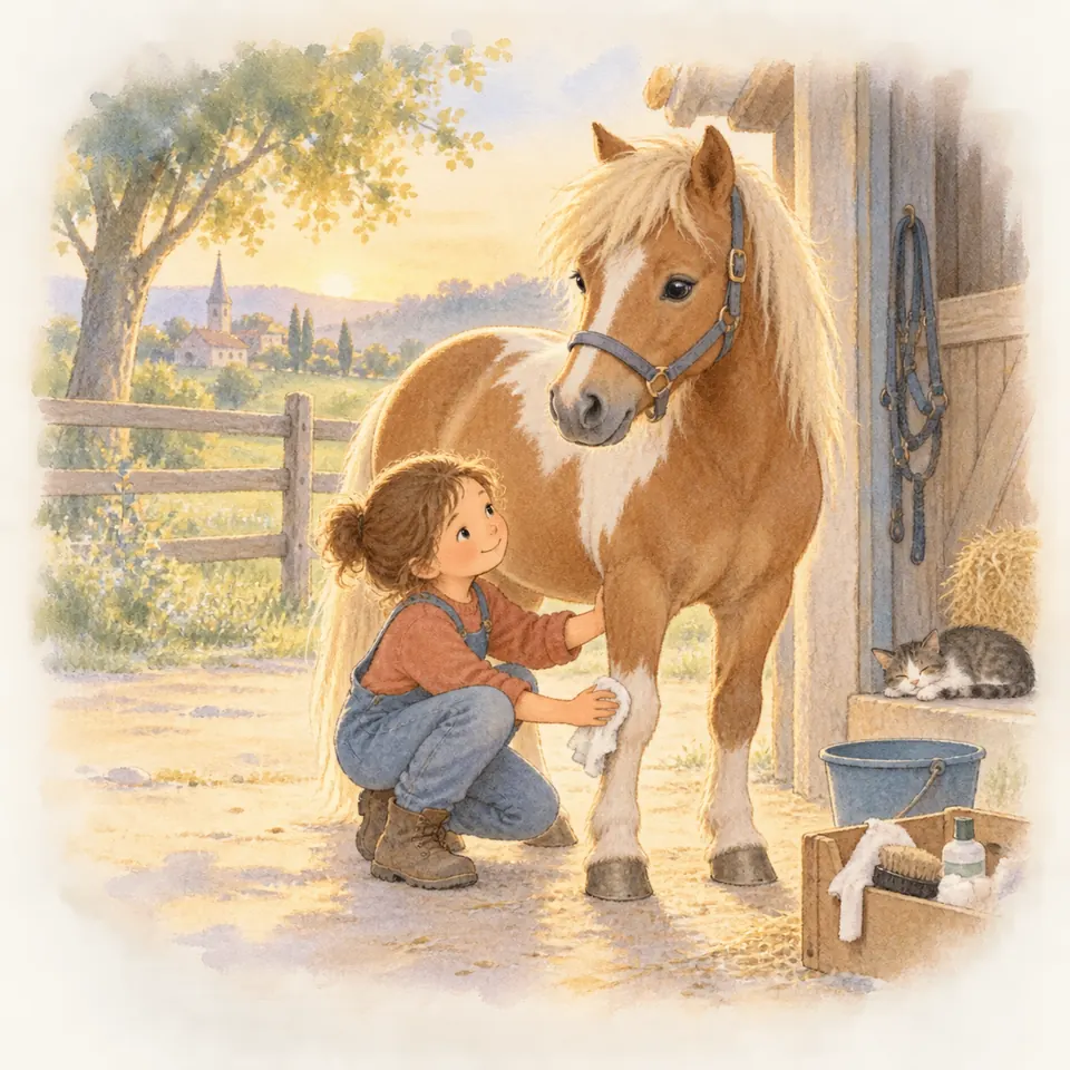 Une enfant accroupie passe un linge sur l’antérieur d’un poney pie aux crins clairs devant l’écurie, près d’un seau