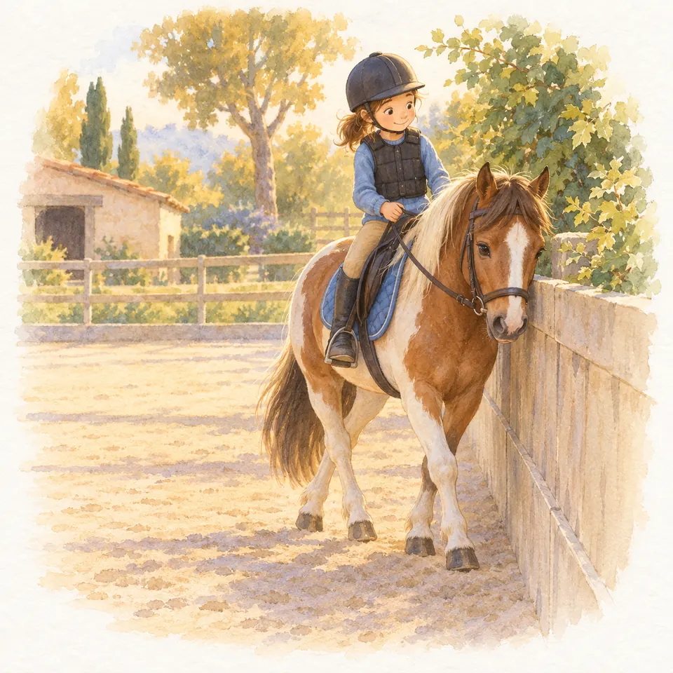 Une jeune cavalière casquée monte un poney pie alezan qui avance le long d’un mur dans une carrière