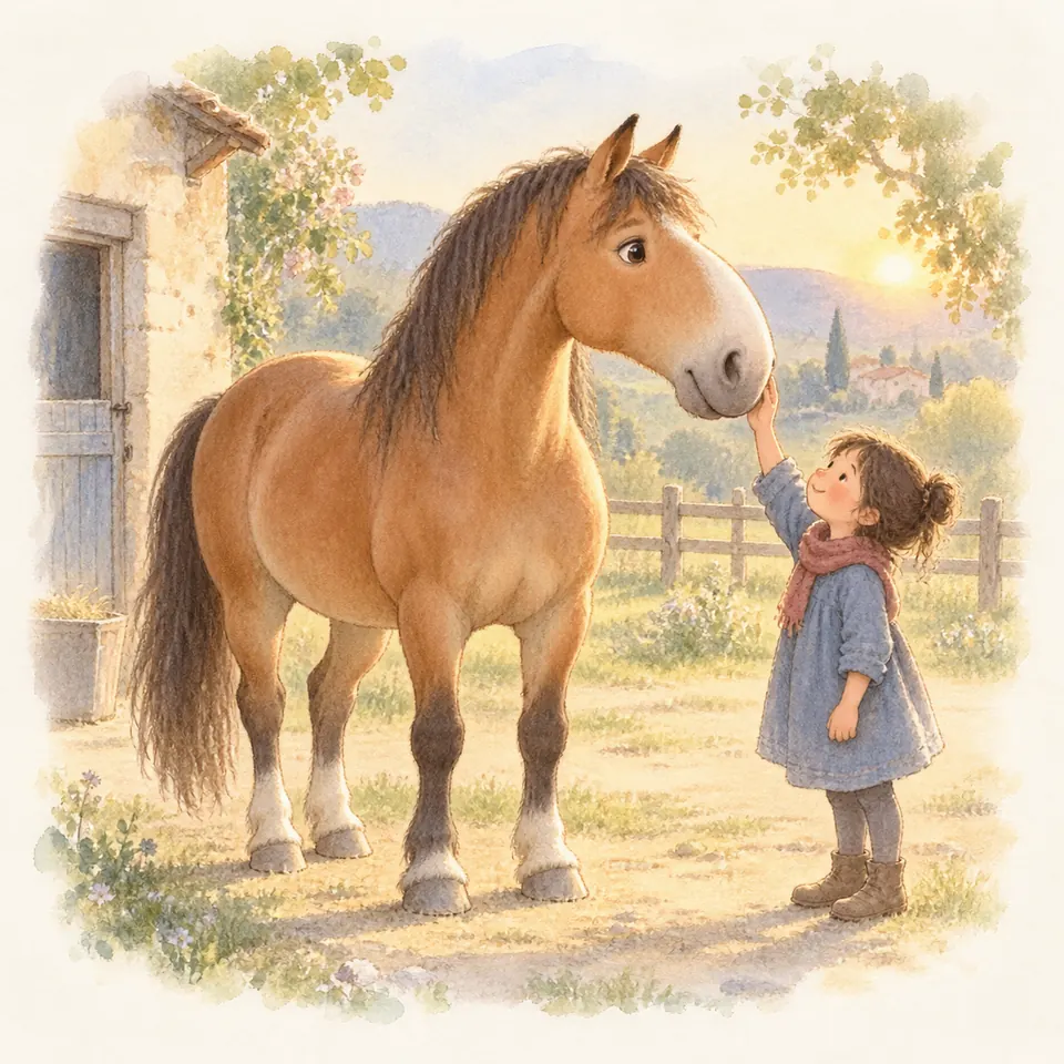 Une enfant touche le menton d’un cheval bai au profil busqué, debout près d’une écurie et d’une clôture en bois