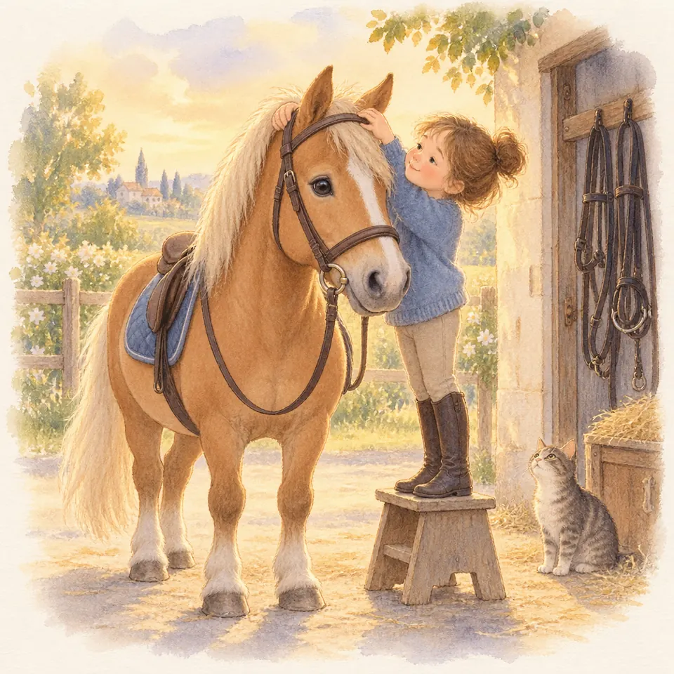 Debout sur un tabouret, une enfant ajuste la têtière du filet d’un poney palomino sellé devant l’écurie