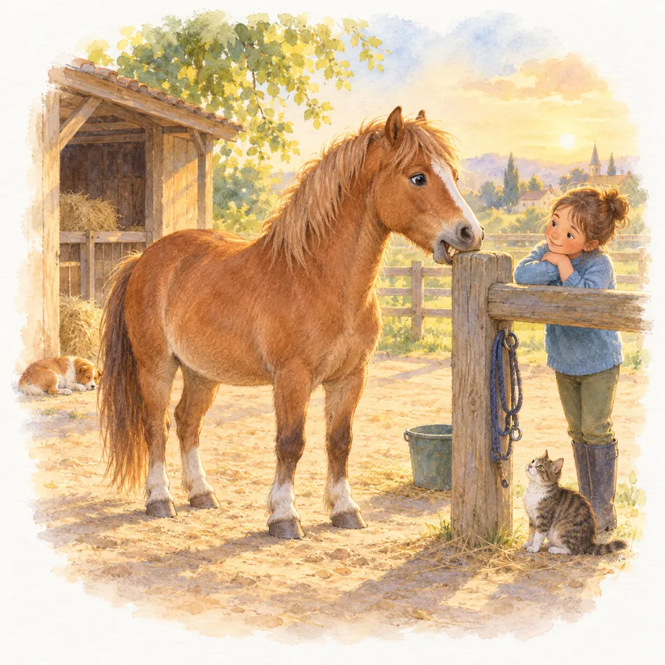 Un poney alezan pose sa bouche sur un poteau de clôture tandis qu’une enfant l’observe près d’un abri