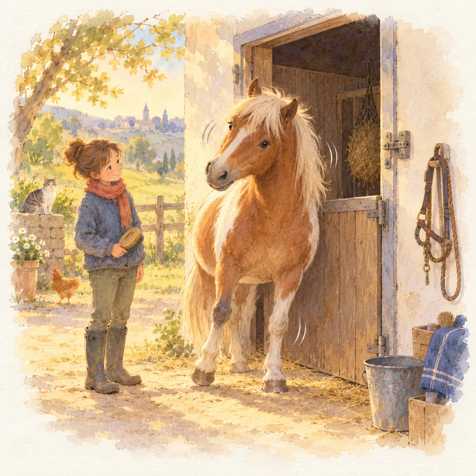 Un poney palomino se balance à l’entrée de son box tandis qu’une enfant tient une brosse à ses côtés