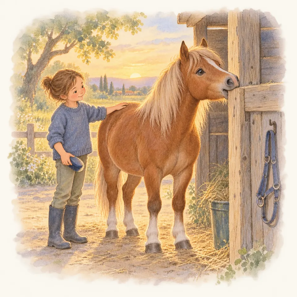 Un poney alezan mord le montant en bois d’une porte d’écurie tandis qu’une enfant lui caresse le dos