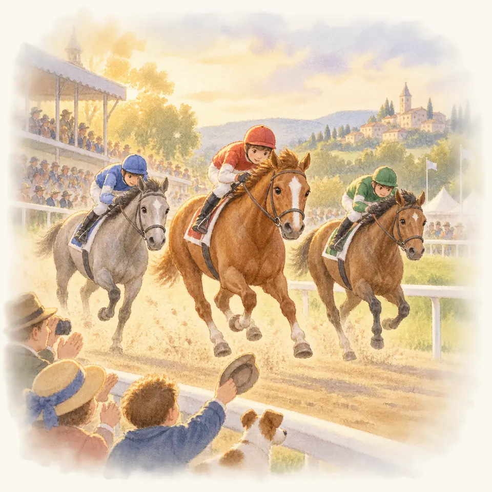 Trois jockeys en casaques bleue, rouge et verte galopent sur des chevaux gris, alezan et bai devant les tribunes