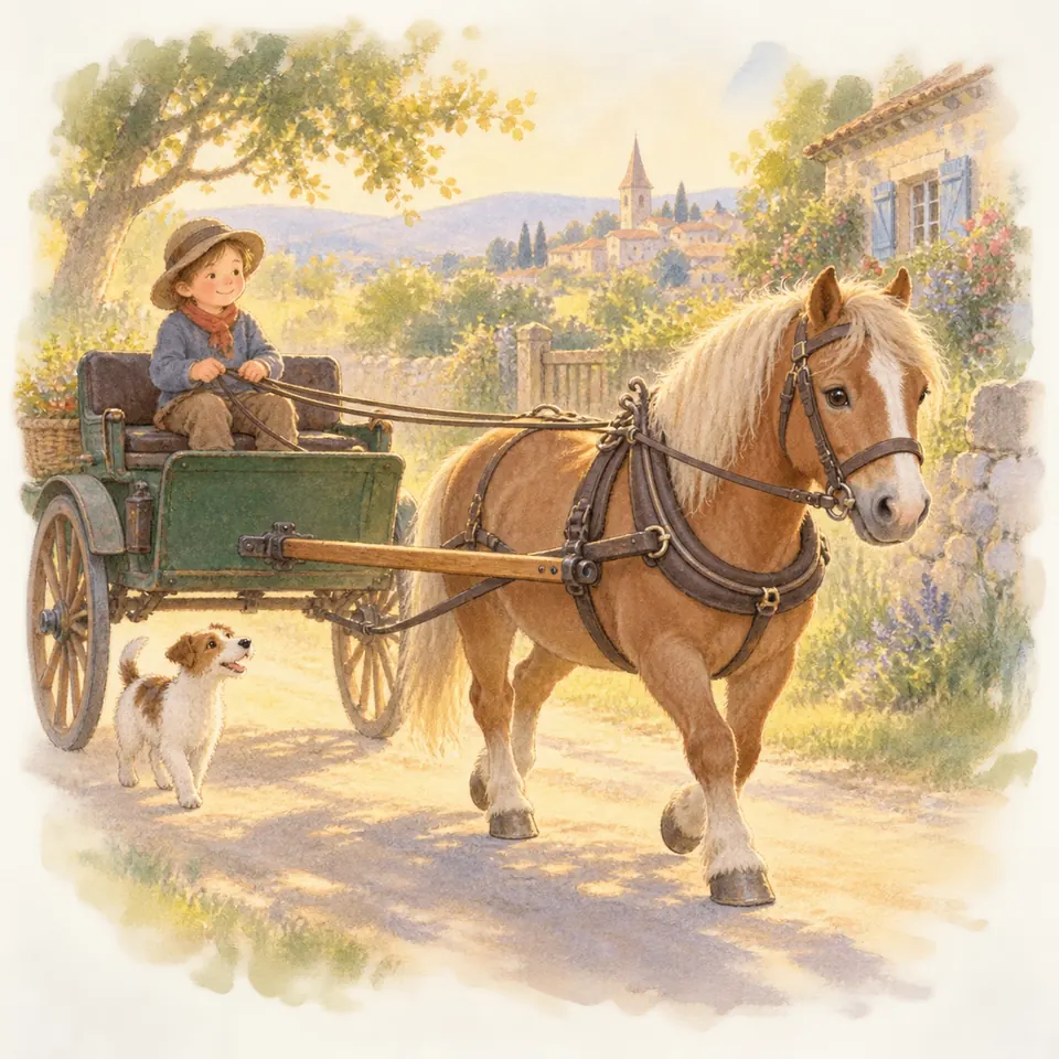 Un enfant tient les guides d’un poney palomino attelé à une voiture verte sur un chemin, accompagné d’un chien