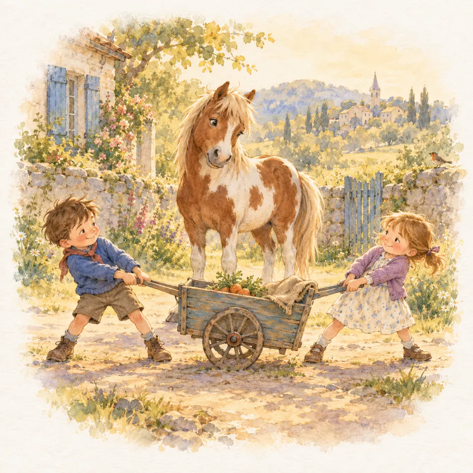 Deux enfants tirent une charrette en sens opposés devant un poney pie alezan, dans la cour d’une maison en pierre